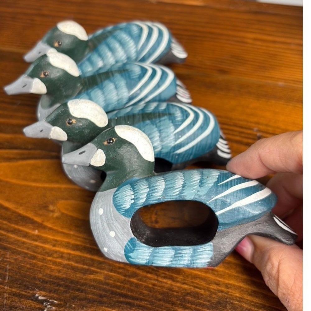 Vintage Unbranded Blue Duck Napkin Rings Cabin Core Hand Painted Wood